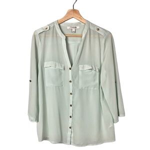 Forever 21 Mint Green Button Down Sheer Professional Long Sleeve Blouse L
